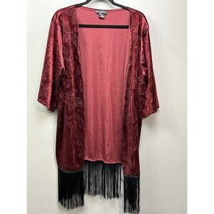 See You Monday Red Velvet Open Front Kimono with Black Fringe